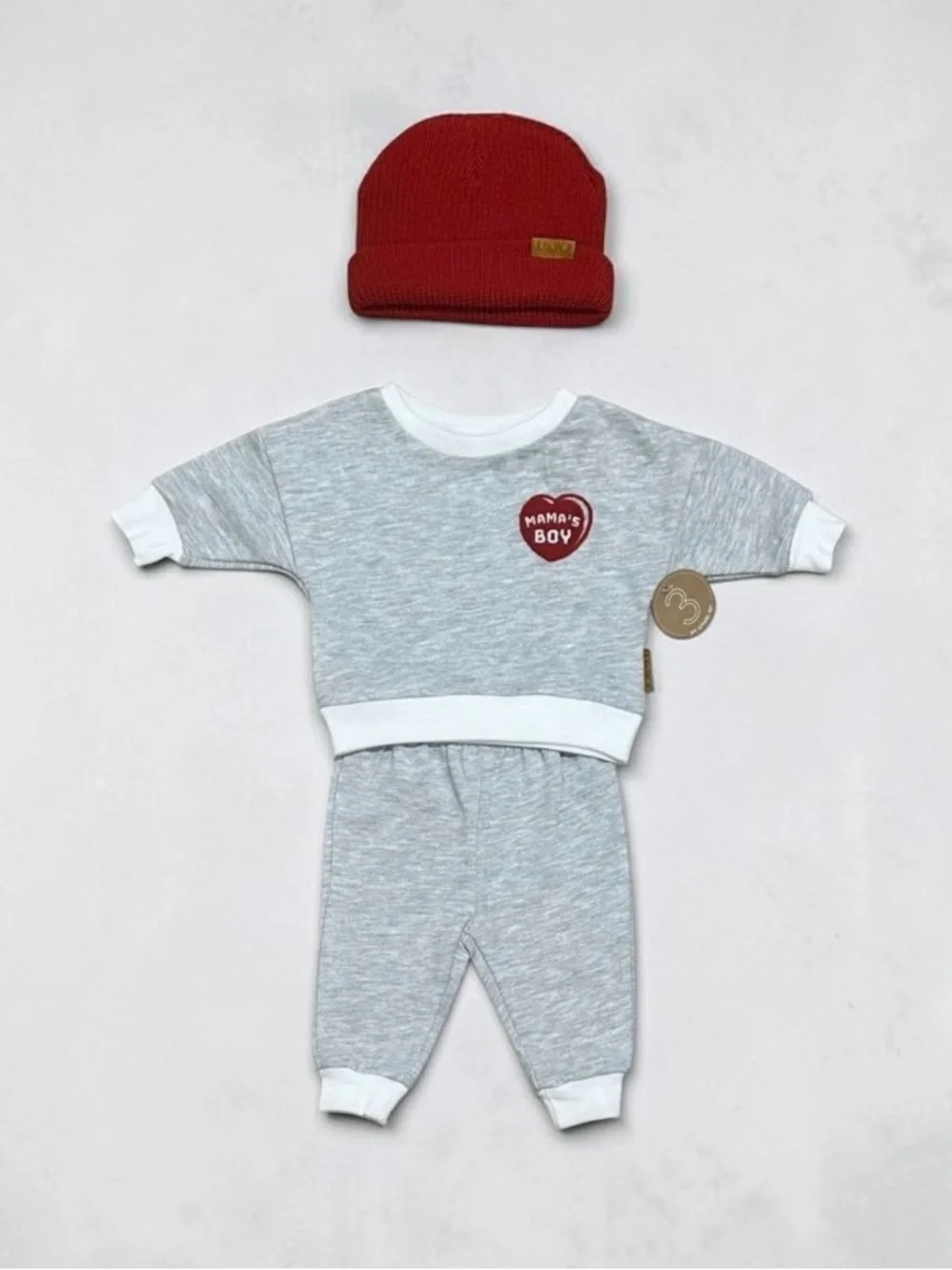 Lila & Jack Infant 3-Piece Set in Heather Gray including a Red Beanie